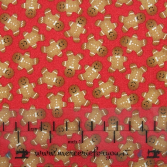 Cotone Americano Timeless Treasures Fabrics (3380) flanella - collezione Kidz fantasia GingerBread su base rosso - vendita al metro h. 110