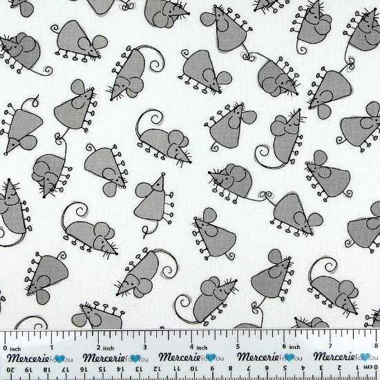 "Mousing Around” From Mouse In The House By Kanvas per Bernartex – White 4901-09 cotone americano h. 110 - Vendita al metro.  Designer Maria Kalinowski