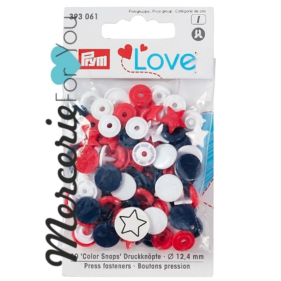 Prym 393061 Bottoni a pressione Colour Snap collezione Prym Love bustina da 30 pezzi a forma di Stella in tre colori assortiti: rosso bianco e blu navy - 12.4 mm.