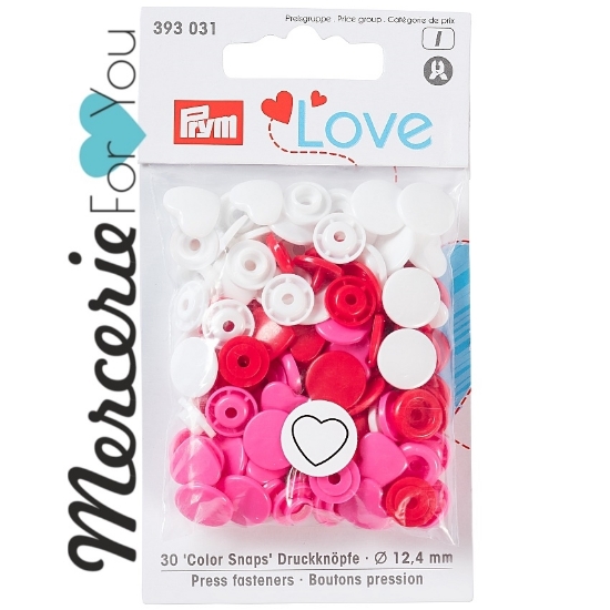 Prym 393031 Bottoni a pressione Colour Snap collezione Prym Love bustina da 30 pezzi a forma di cuoricino in tre colori assortiti: fucsia rosso e bianco - 12,4 mm.