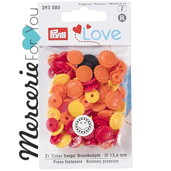 Prym  393080 Bottoni a pressione Colour Snap collezione Prym Love bustina da 21 pezzi a forma di fiore in tre colori assortiti: giallo arancio rosso - 13,6 mm