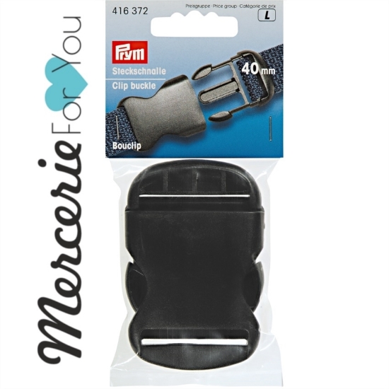 416372  Prym fibbie a clip in plastica 40 mm colore nero - 1 pezzo. Queste fibbie 416372 della Prym a forma di clip sono la chiusura perfetta per zaini, valigie, tracolle, guinzagli, cinture e vestiti come pantaloni da lavoro. Realizzate in una plastica molto resistente garantiscono affidabilità e durevolezza nel tempo. I due ganci posti nella parte superiore delle fibbia servono per rendere regolabili le cinghie. Disponibili in formati diversi.