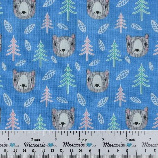 Cotone americano collezione Into the Woods fantasia con orsetti su fondo azzurro - 1 taglio di tessuto 50x110 cm.