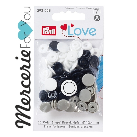 Prym  393008 Bottoni a pressione Color Snap collezione Prym Love bustina da 30 pezzi tre colori assortiti: blu navy, bianco e grigio- 12.4 mm.