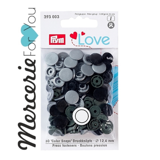 Prym  393003 Bottoni a pressione Color Snap collezione Prym Love bustina da 30 pezzi tre colori assortiti:  grigio, grigio scuro e nero - 12.4 mm.