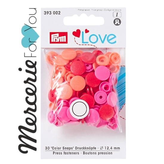 Prym  393002 Bottoni a pressione Color Snap collezione Prym Love bustina da 30 pezzi tre colori assortiti:  rosso fucsia e pesca - 12 mm.