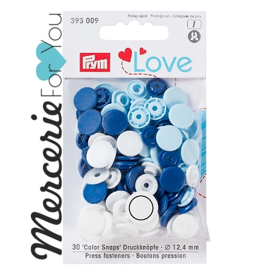 Prym  393008 Bottoni a pressione Color Snap collezione Prym Love bustina da 30 pezzi tre colori assortiti: blu, bianco e azzurro- 12.4 mm.