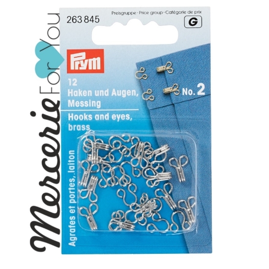 263845 Prym - Ganci ed occhielli per chiusure in ottone argentato N° 2 medium - cartina da 12 pz con trattamento anti ruggine.