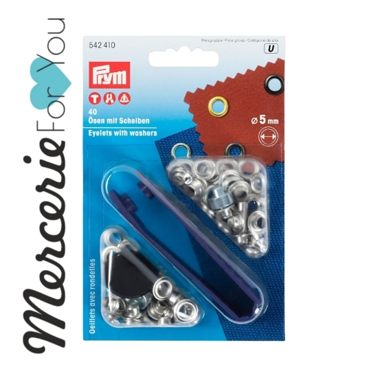 Prym 542410 Occhielli con rondelle ottone 5 mm argento - 40 pezzi