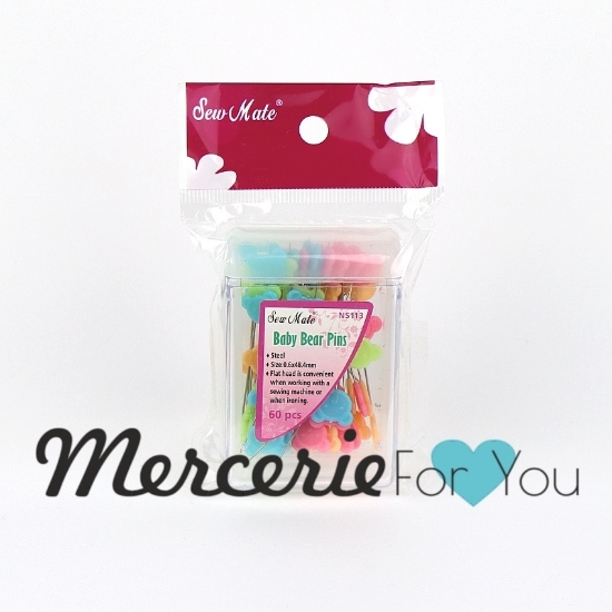 Spilli per patchwork e quilting decorativi con testa a forma di orsetto Sew Mate- NS 113 - scatola da 60 pezzi in colori assortiti.