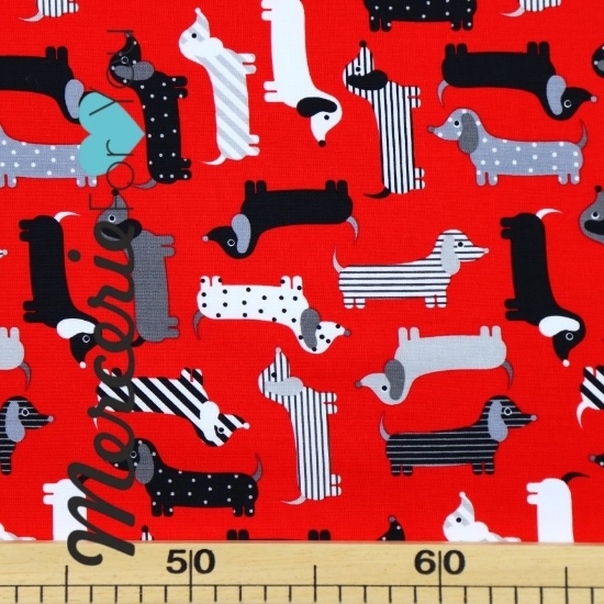 Tessuto in cotone americano AAK-15736-3 RED designer Ann Kelle Collezione Urban Zoologie Robert Kaufman Fabrics - Fantasia cagnolini su fondo rosso