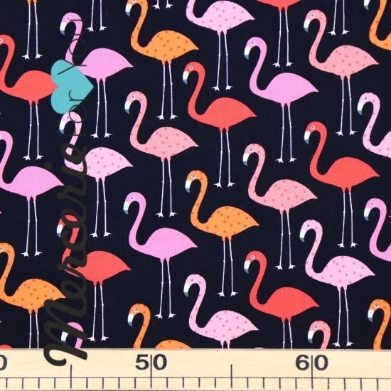 Tessuto in cotone americano Flamingo AAK-14719-2 BLACK designer Ann Kelle Collezione Urban Zoologie by Robert Kaufman Fabrics - Fantasia fenicotteri su fondo nero 