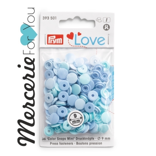 393501 Prym Love Color Snap mini bottoni a pressione 9  mm colori assortiti azzurro - 36 pezzi