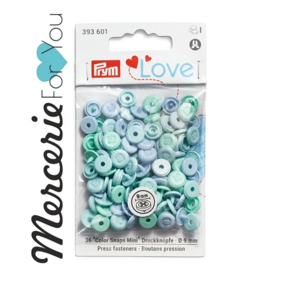 393601 Prym Love Color Snap mini con decoro effetto 'cucitura' bottoni a pressione 9  mm colori assortiti azzurro - 36 pezzi