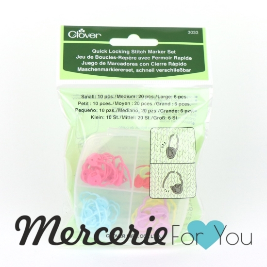 Clover 3033 - Quick Locking Stitch Marker - Set segna maglie colori assortiti con scatola contenitore - 36 pezzi in tre misure