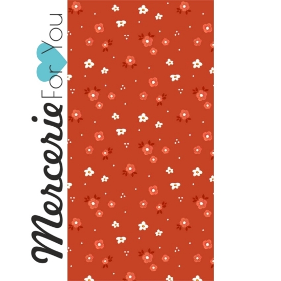 DC9609-REDX-D - Tessuto Woodland Floral in cotone americano Michael Miller Fabrics Collezione Gnome Sweet Gnome 100% cotone per quilting designed by Monkey Mind Design - Tessuto fantasia fiorellini su fondo rosso