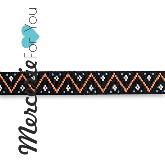 957454 Prym nastro elastico decorativo per cinture con trama a fantasia geometrica - colore arancio bianco e azzurro su fondo nero – alto 25 mm – vendita al metro.