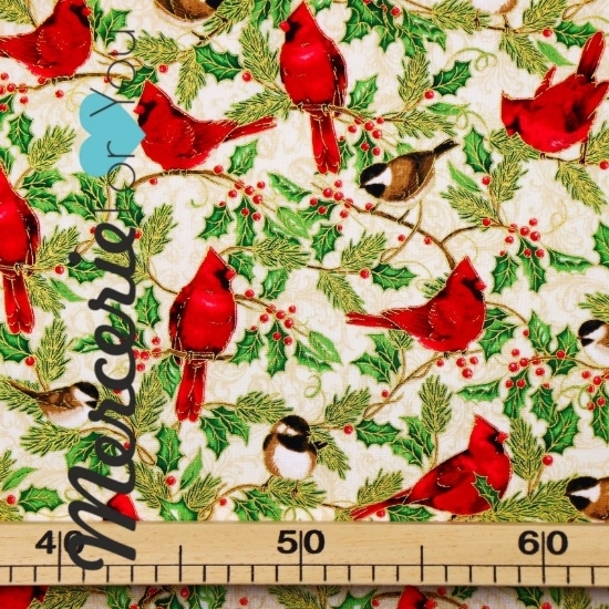Tessuto americano patchwork cucito creativo Robert Kaufman pettirossi rosso, verde e oro, panna 