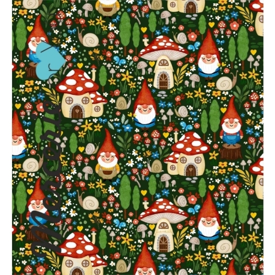 DC9605-GREEN-D -Gnome Garden Tessuto in cotone americano Michael Miller Fabrics Collezione Gnome Sweet Gnome 100% cotone per quilting designed by Monkey Mind Design - Tessuto fantasia gnomi e casette nel bosco - Vendita al metro h. 110 cm ca