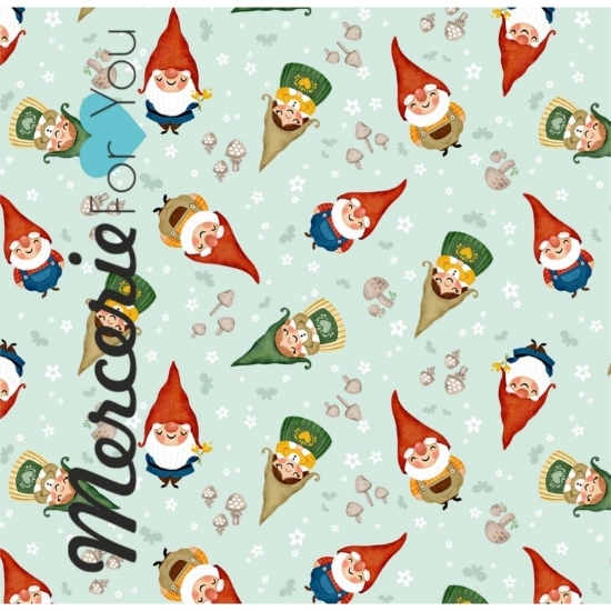 DC9606-MIST-D - Sweet Gnome Ecru Tessuto in cotone americano Michael Miller Fabrics Collezione Gnome Sweet Gnome 100% cotone per quilting designed by Monkey Mind Design - Tessuto fantasia gnomi e gnome su fondo aqua