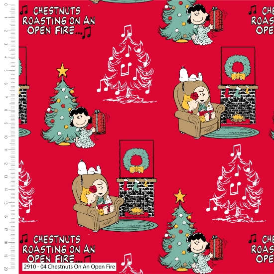 Tessuto natale Snoopy & Friends rosso fantasia personaggi camino albero