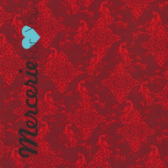 Tessuto in Cotone americano - Robert Kaufman collezione Florentin Garden. Fantasia arabeschi tono su tono rosso. Cod. 19450-3