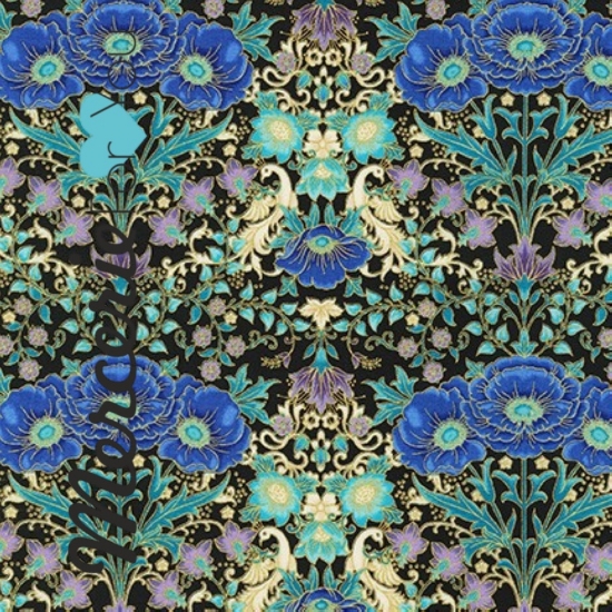 Tessuto in Cotone americano - Robert Kaufman collezione Florentin Garden. Fantasia a fiori blu oro nero codice 19446-201