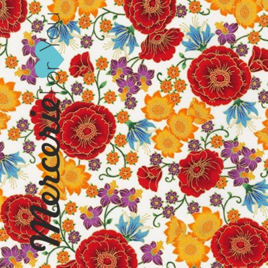 Tessuto in Cotone americano - Robert Kaufman collezione Florentin Garden. Fantasia a fiori rosso oro codice 19447-15