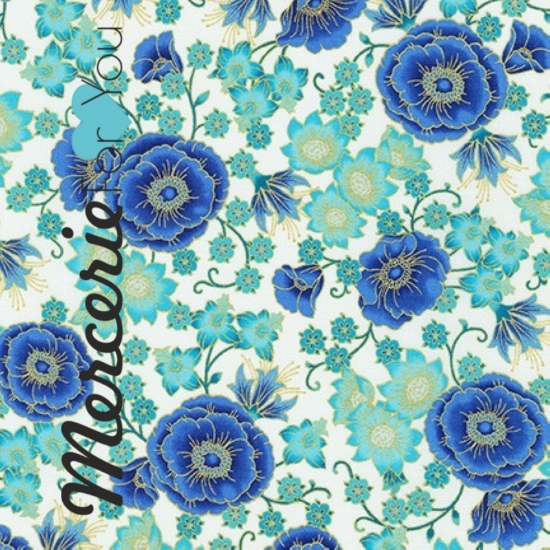 Tessuto in Cotone americano - Robert Kaufman collezione Florentin Garden. Fantasia fiori blu turchese oro 19447-78