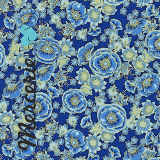 Tessuto in Cotone americano - Robert Kaufman collezione Florentin Garden. Fantasia fiori blu oro 19449-4