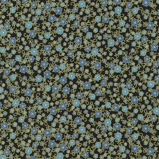 Tessuto in Cotone americano - Robert Kaufman collezione Florentin Garden. Fantasia a fiori blu oro nero codice 19452-4